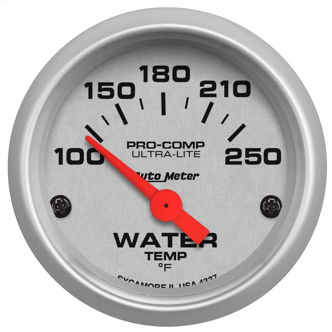 4337 – AUTO METER Gauge Water Temperature, 2-1/16 Inch Short Sweep Electric Analog 100-250 Degrees F Silver Face/ Bru...